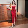 Socialite Style Sexy Low-Cut Spaghetti Strap Maxi Dress with Slimming High Waist and Slit