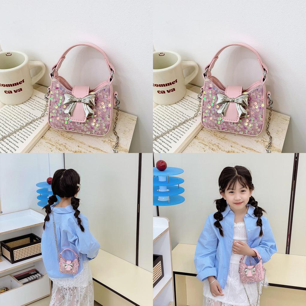 Kids Girl Butterfly Bow Sequin Mini Shoulder Bag With Breathable Pu Material For Daily Use