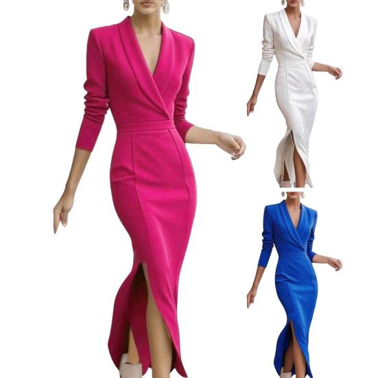 Women Midi Bodycon Sheath Dress Lapel V Neck 3/4 Sleeve Office Business Dress Formal Cocktail Work Slit Pencil Dress