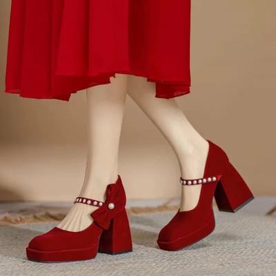 Franse suède parel strik hoge hakken voor dames, dikke hakken voor lente / herfst, nieuwe rode vierkante neus laag uitgesneden Mary Jane schoenen