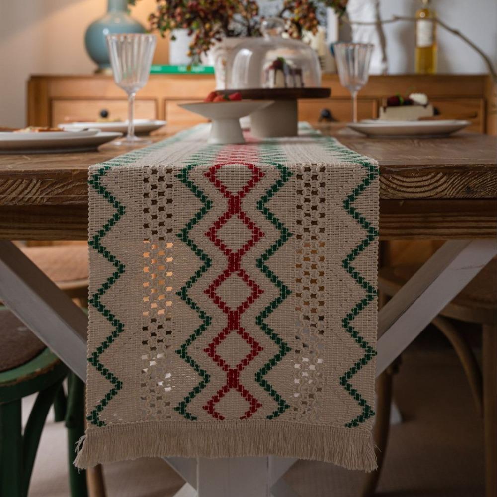 Vintage Style Christmas Table Runner with Long Fringe Khaki Woven Jacquard Wave Design for TV Cabinet Decor
