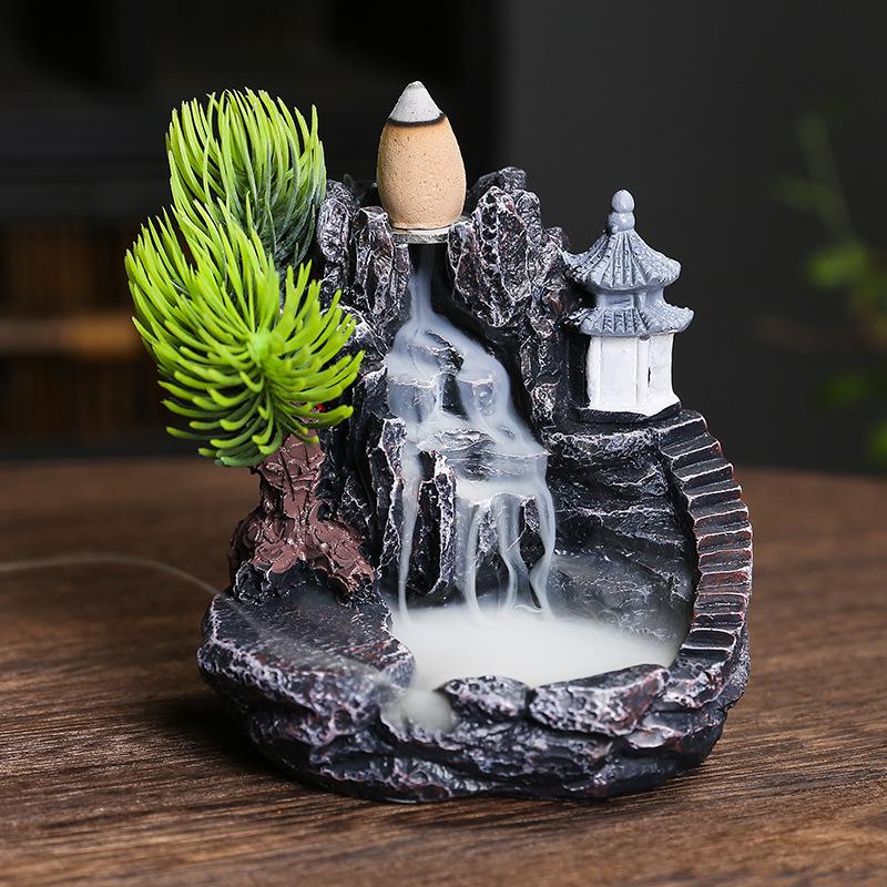 Creative Resin Backflow Incense Burner - Mountain Stream Design, for Sandalwood and Agarwood, Indoor Home Décor