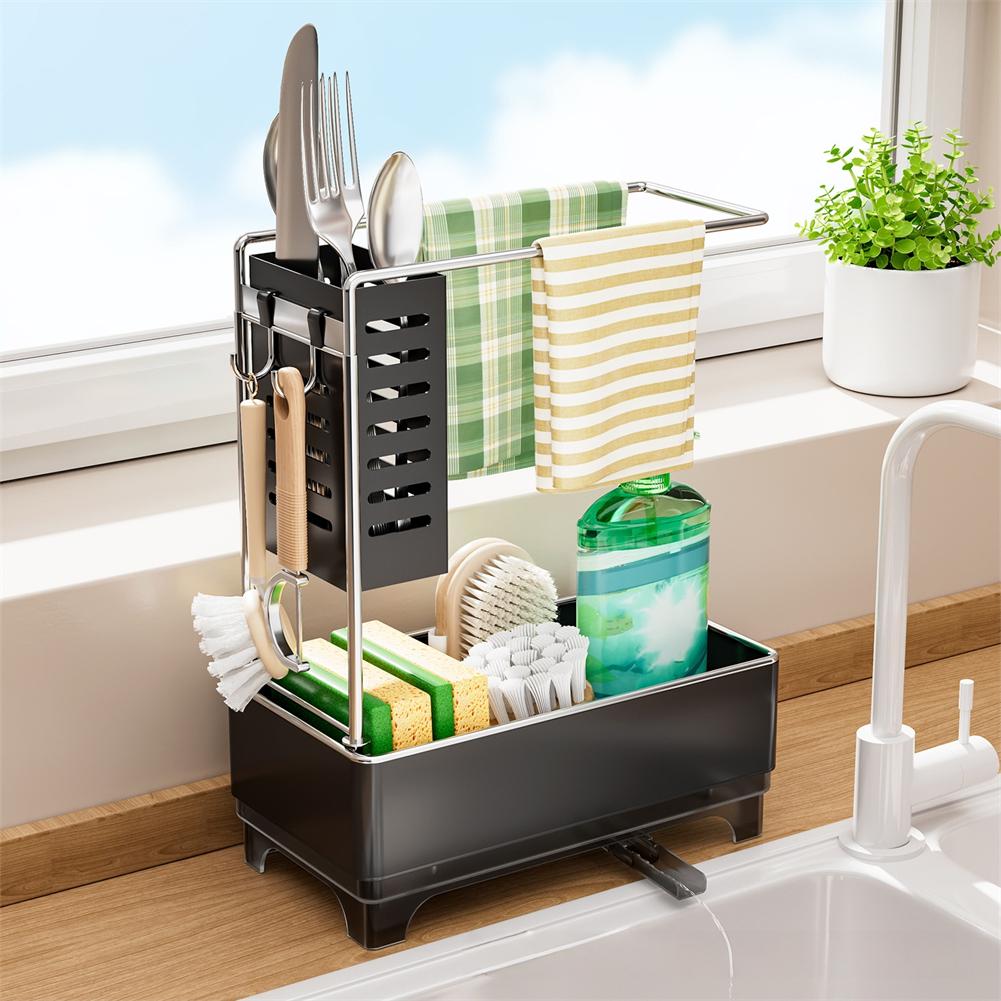 Kitchen Sink Drain Rack Sponge Holder with Soap Dispenser and Towel Bar Space Saving Design for Clean Kitchens