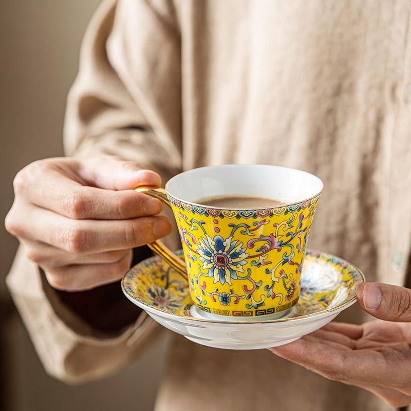 European Enamel Ceramic Coffee Cup & Saucer Set, Elegant Afternoon Tea Cup Set