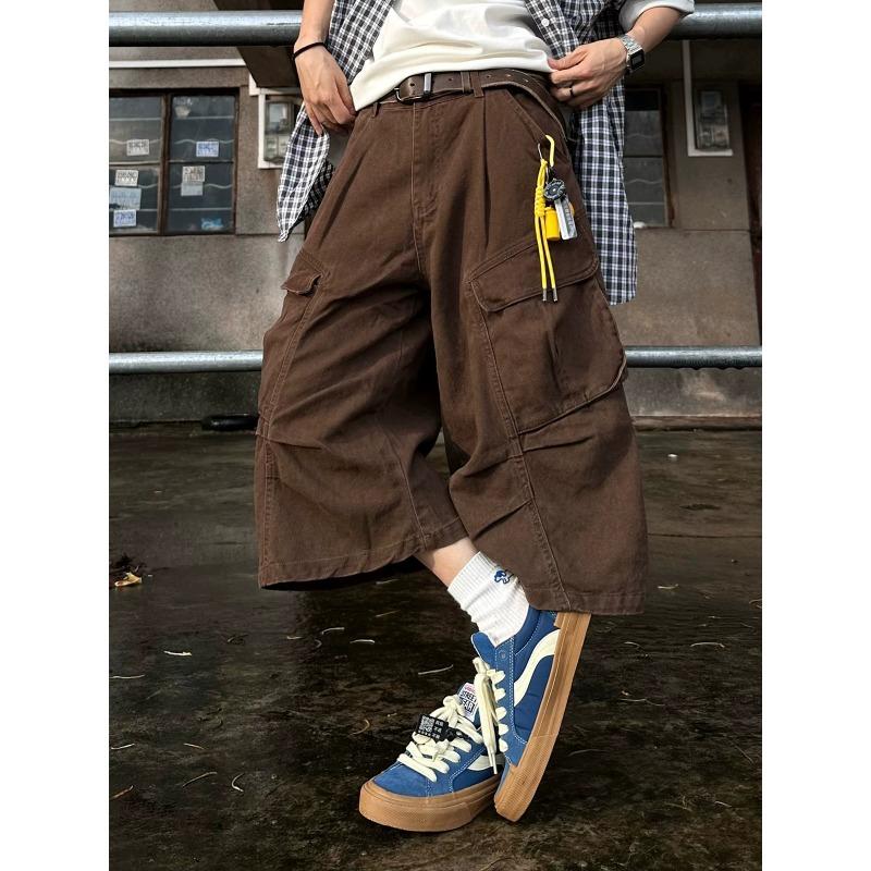 XBRO American Retro Pleated Summer Scimitar Loose Shorts Cargo Pants Cropped Pants Multi-pocket Men's and Women's Wide-leg Pants