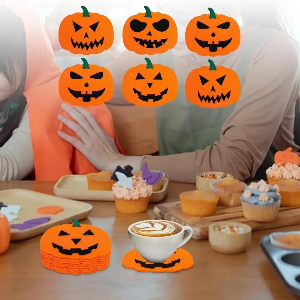 6 Pcs Orange Halloween Felt Pumpkin Coasters Non-Slip Halloween Decoration Cup Mats  Ghost Festival