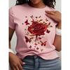 Women's Yellow T-Shirt with Gold Rose Print, Round Neck Short Sleeve Casual Top