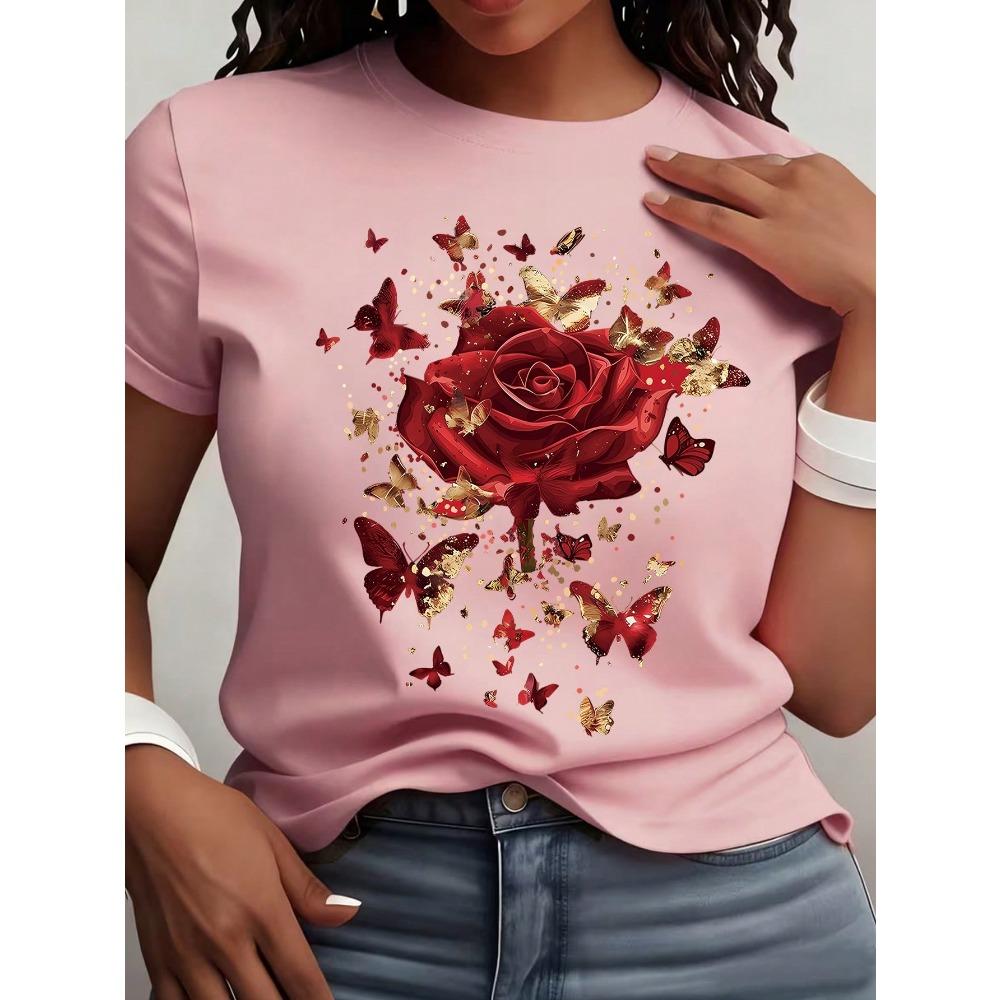 Women's Yellow T-Shirt with Gold Rose Print, Round Neck Short Sleeve Casual Top