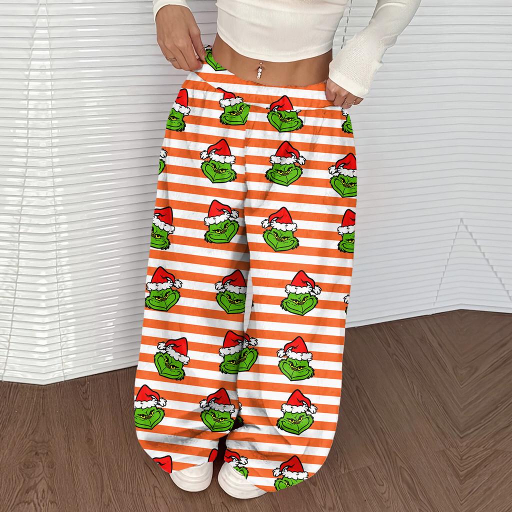 Damen Casual Weihnachten Print Elastischer Bund Lockerer Schnitt Mit Plüsch Weites Bein Hose