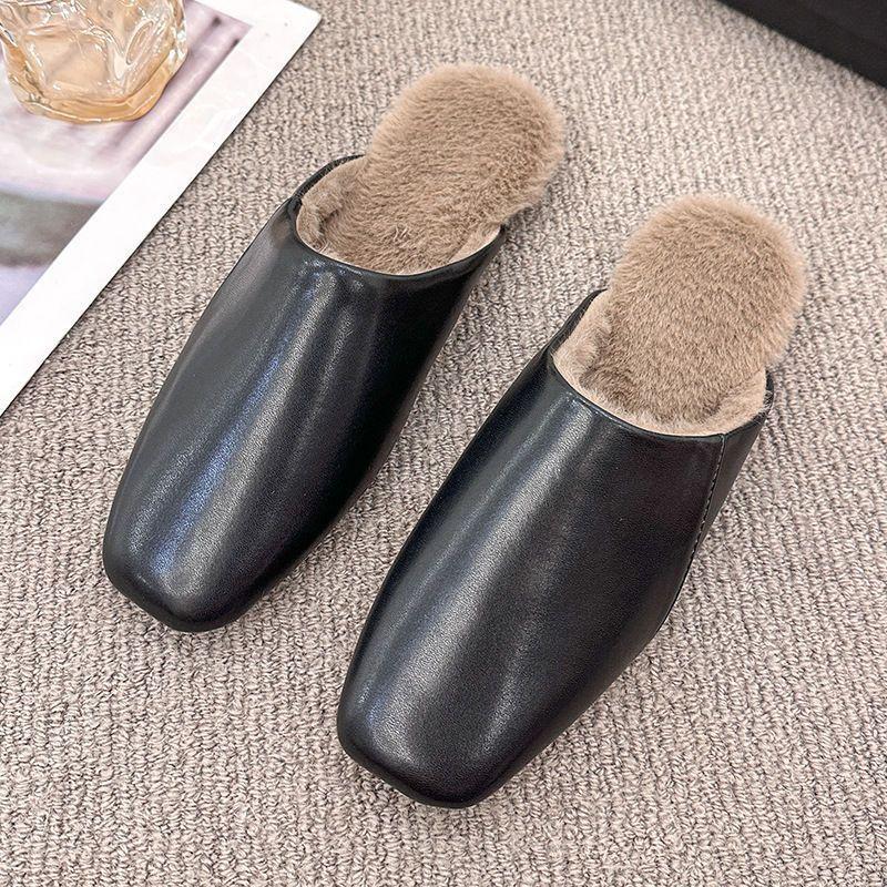Autumn Winter Women Fuzzy Mule Slippers Plush Lined Retro Slip On Flat Fur Slides Cozy House Shoes Indoor Outdoor Comfortble