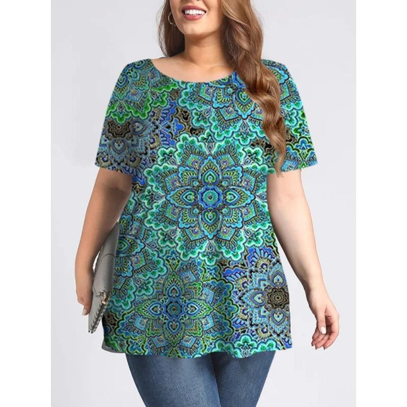 Women s round-neck short-sleeved T-shirt with a colorful floral print S