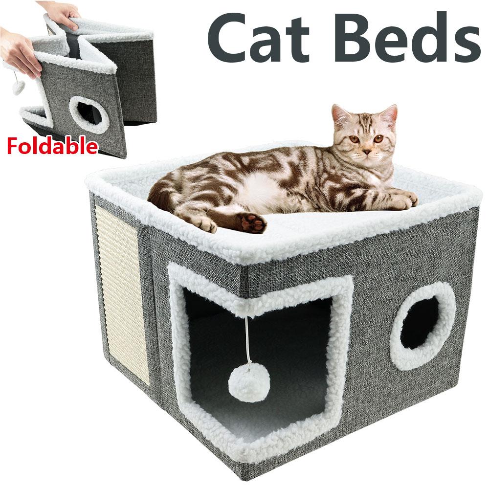 Cat Beds Foldable Indoor Cat House with Ball and Scratch Pad Durable Comfortable Square Kitty Hideaway Pet Supplies Accessories