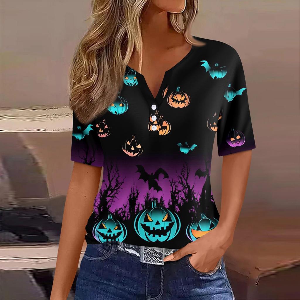 Women's T Shirt Tee Halloween Printed Button Short Sleeve Tunic Daily Weekend Fashion Basic V- Neck Regular Top