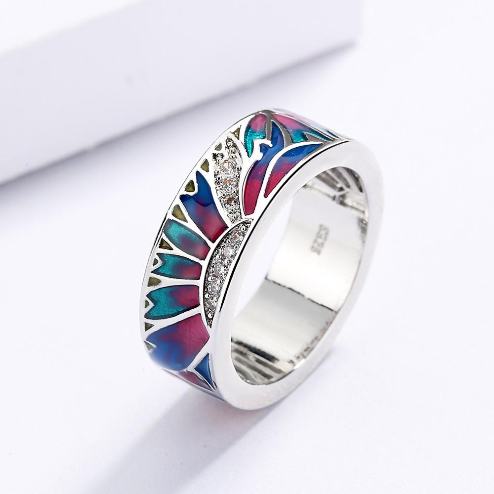 Gradient Color Drop Glue Enamel Plant Flowers European and American Pastoral Style Fashion Retro Womens Ring