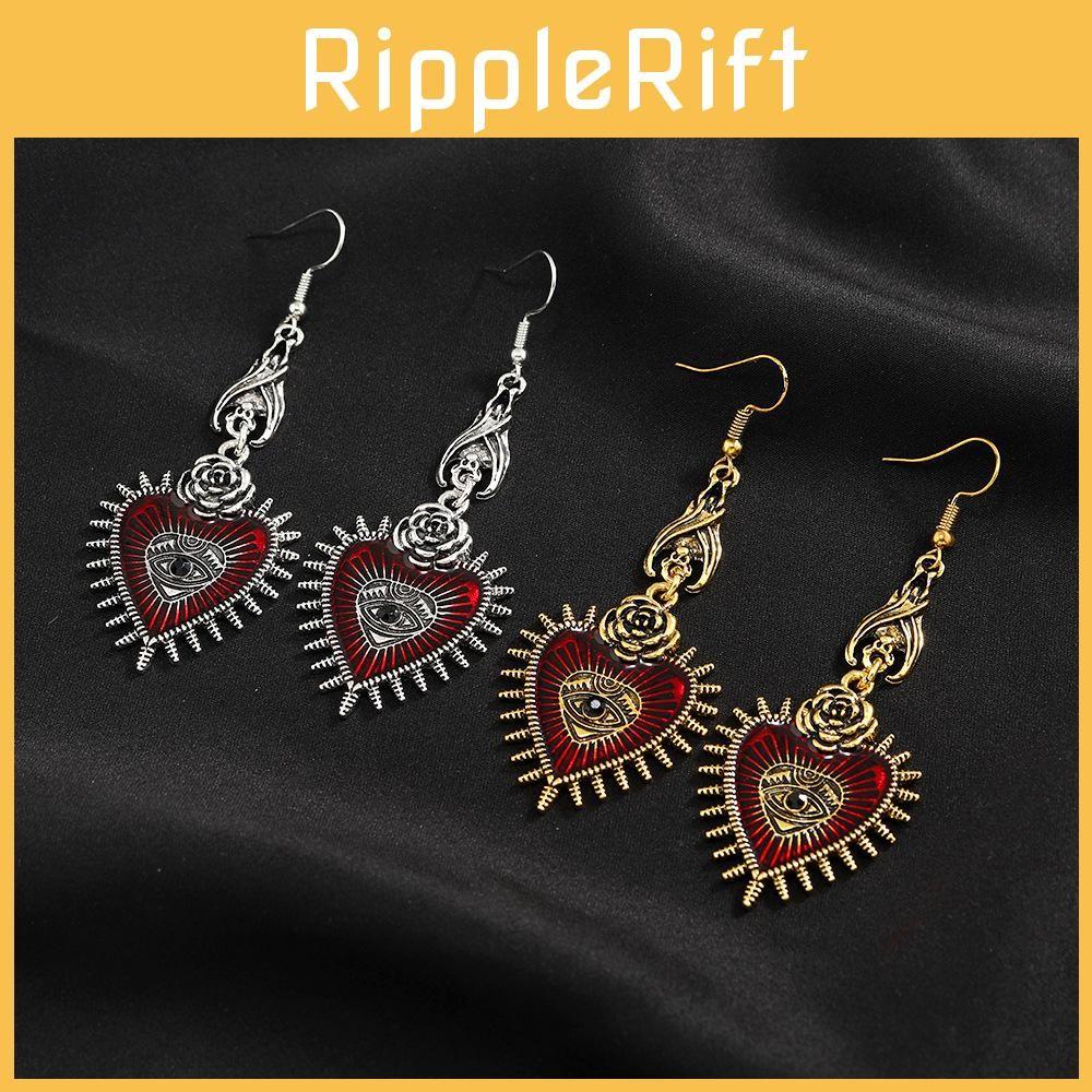 Gothic Heart Retro Earrings With Bloodshot Eye And Bat Motif For Punk Fashion Enthusiasts