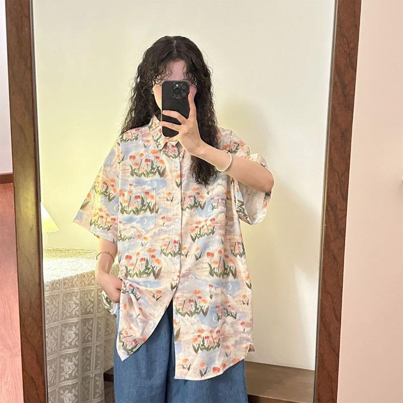 Sommer Neue Damenhemden Einzigartiger Blumendruck Damenblusen Koreanischer Lässigkeitsstil Lockere Damenbekleidung