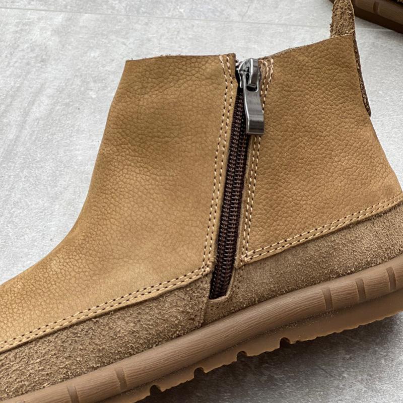 Retro Women Flat Short Boots Genuine Leather Shoes Handmade Round Toe Solid Color Ankle Boots