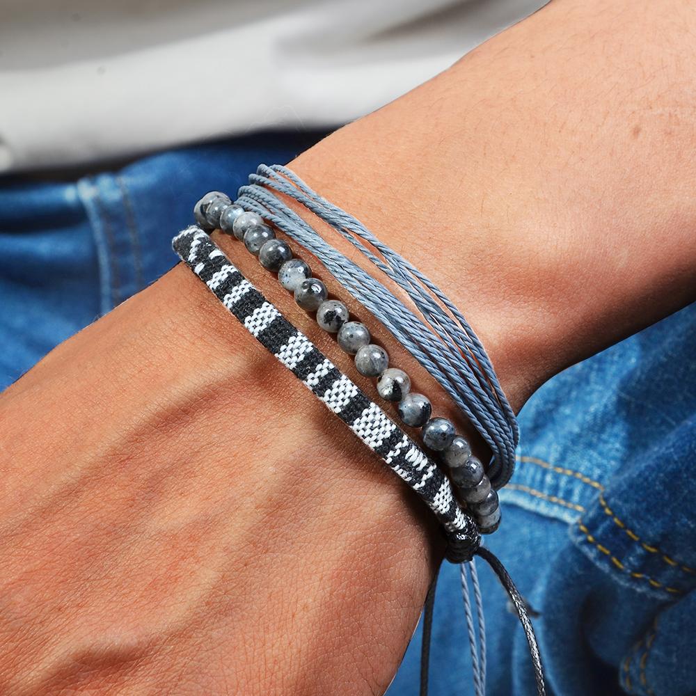3pcs/set Men's Braided Bracelet Set, Natural Stone Couple's Bracelet, Bohemian Ethnic Cotton and Linen Hand-woven Bracelet