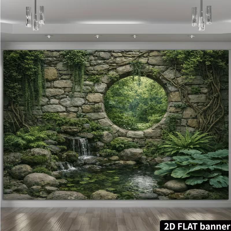 Enchanted Garden Banner with Pond, Mossy Rocks and Vines Photo Booth Background Cloth
