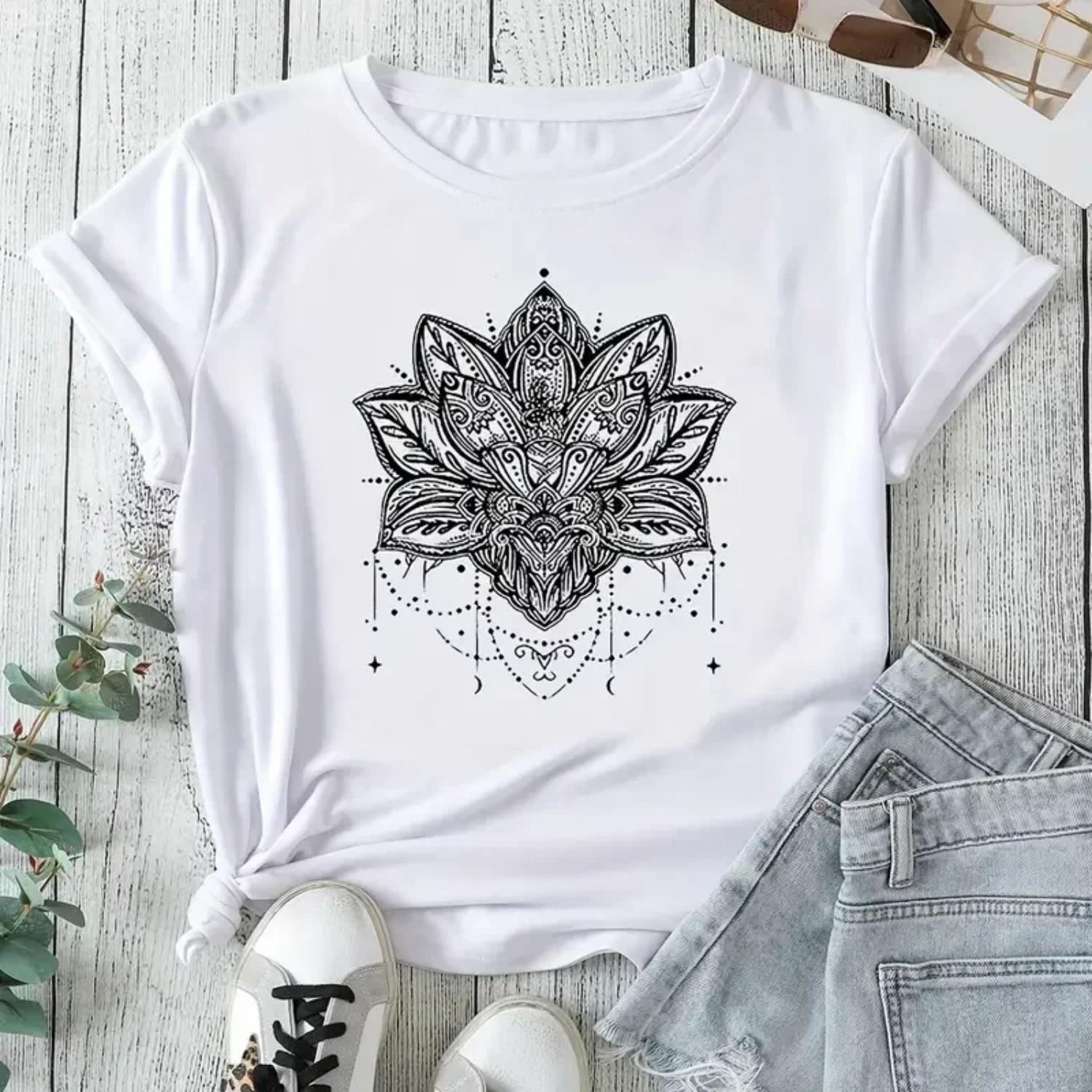 Casual T-shirt Women s Mandala Print Short Sleeve Round Neck Slight Stretch T-shirt Women Clothing Fashion Graphic T Shirts Y2k XXXXXL белый