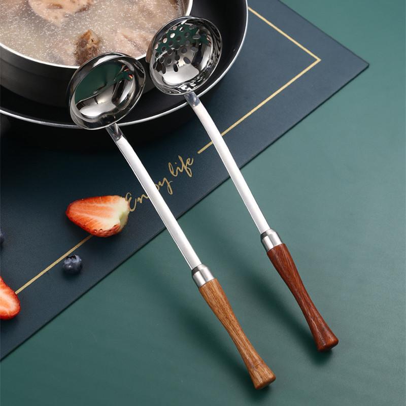 Long Wooden Handle Skimmer Soup Spoon Ladle Serving Tablespoons Stainless Steel Tableware Kitchen Items All with Free Shipping