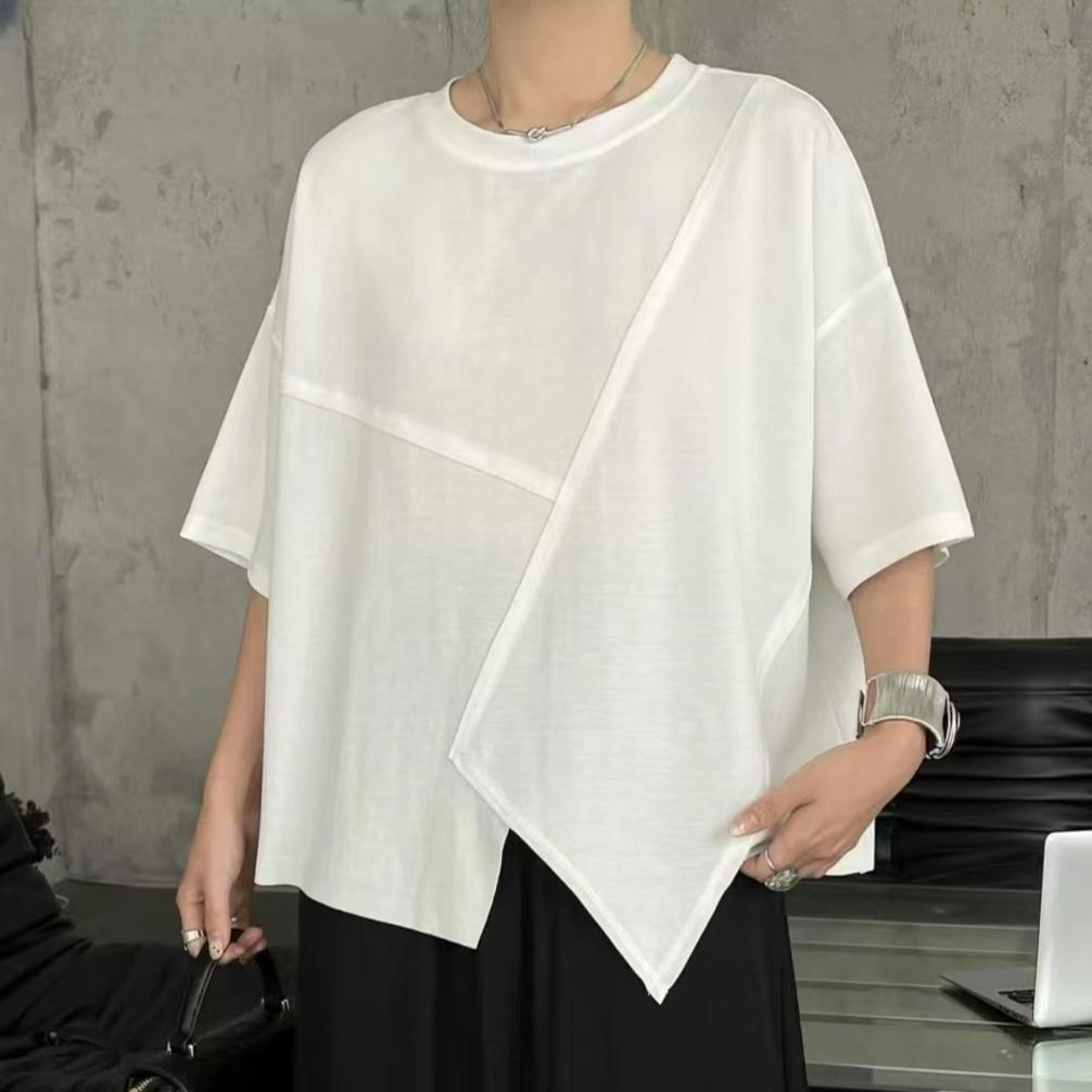 Dimanaf 2025 Sommer Übergröße T-Shirt Einfarbig Damen Kurzarm Lange Knöpfe Locker Oberteile Tees