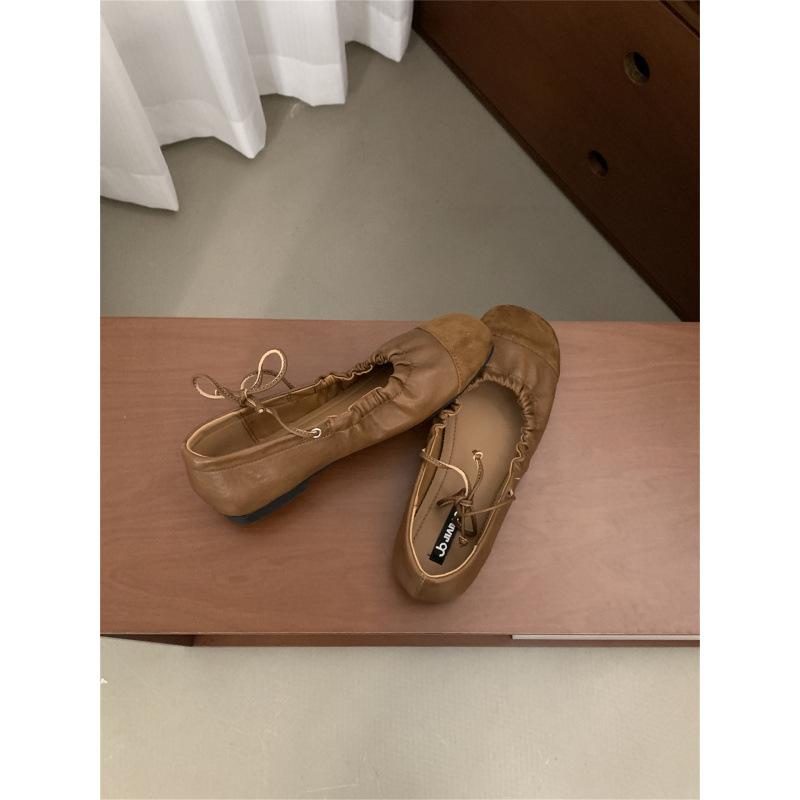 

Spring and summer 2025 new gentle fairy style soft leather retro casual round head shallow mouth single shoes flat ballet shoes 39 верблюд