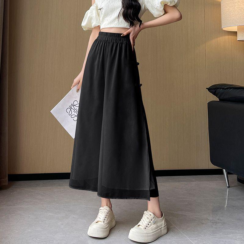 

2026 Summer Women s Chiffon Wide-Leg Pants: Loose, Flowing, Nine-Point Fairy Style XL (recommended for 110-120 jin) чёрный