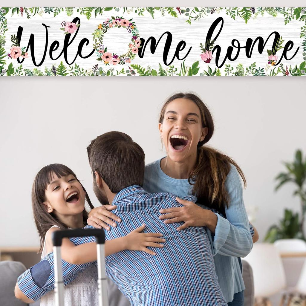 Sumind Welcome Home Banner Large Welcome Home Sign Decorations with Rope Hanging Seasonal Spring Flower Garland Grass Backdrop for Housewarming Party