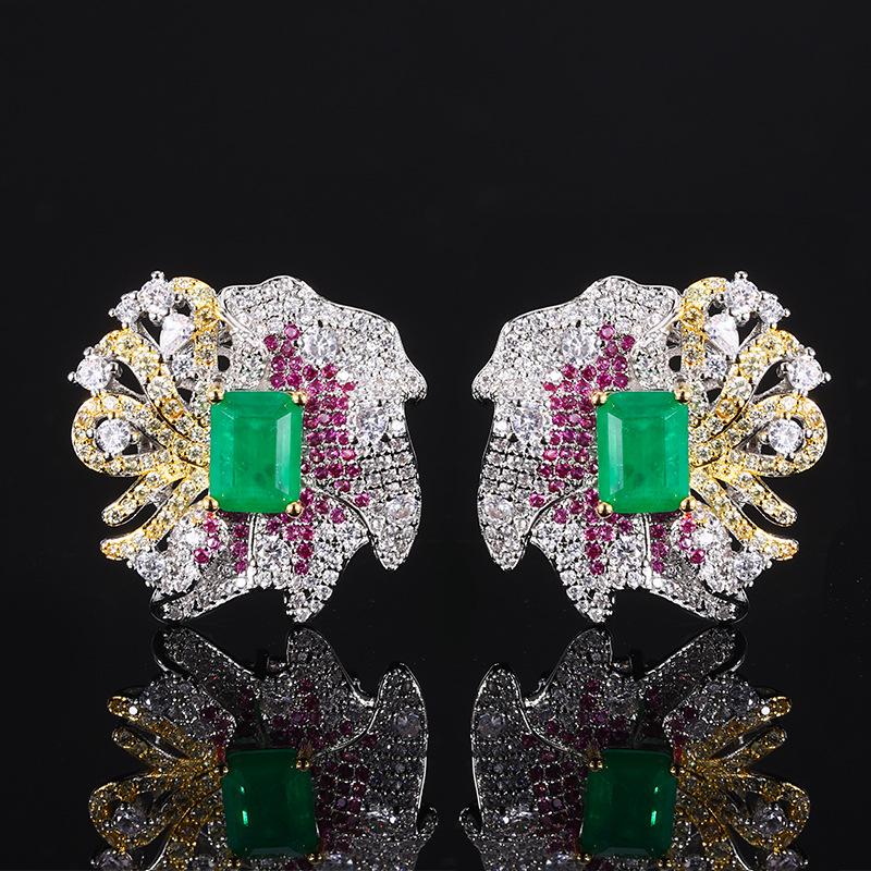 Luxury Simulation Emerald Necklace Earrings Ring Full of Diamonds High-end Suit Women's Fashion