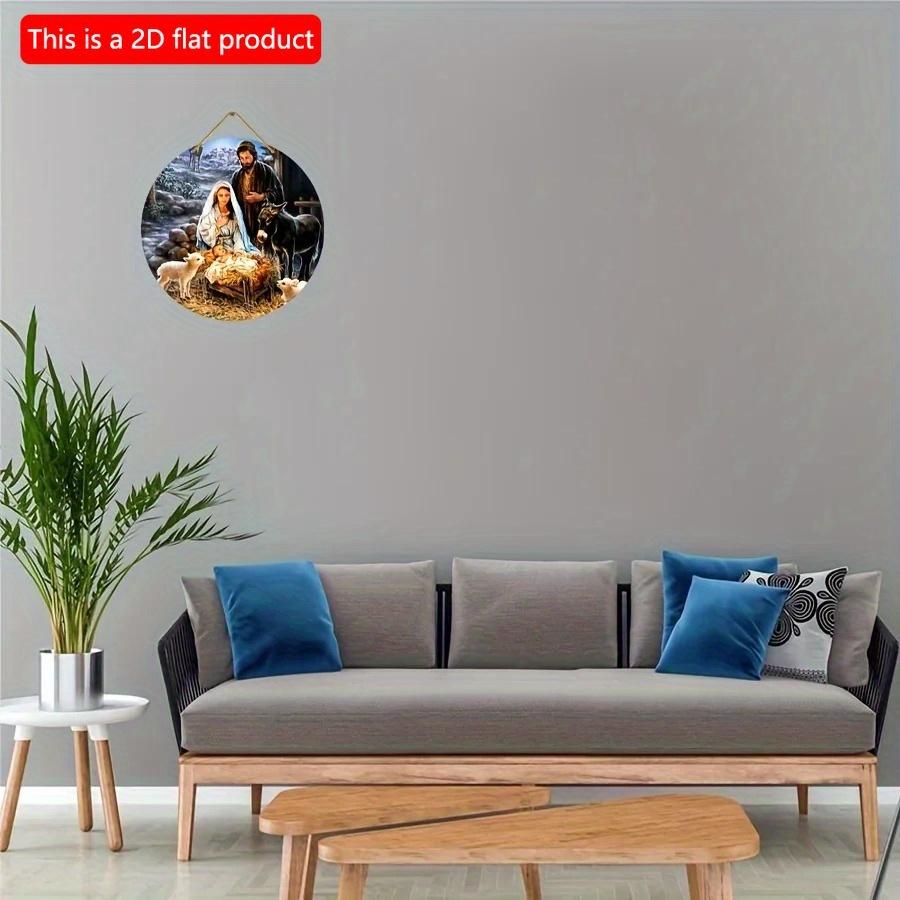 1pc 2d Flat Wood Round Wooden Nativity Wreath Sign Decorative Round Signs - 20cm Wall, Home, Room, Window, Porch, Restaurant, Bar, Cafe Decor, Holiday