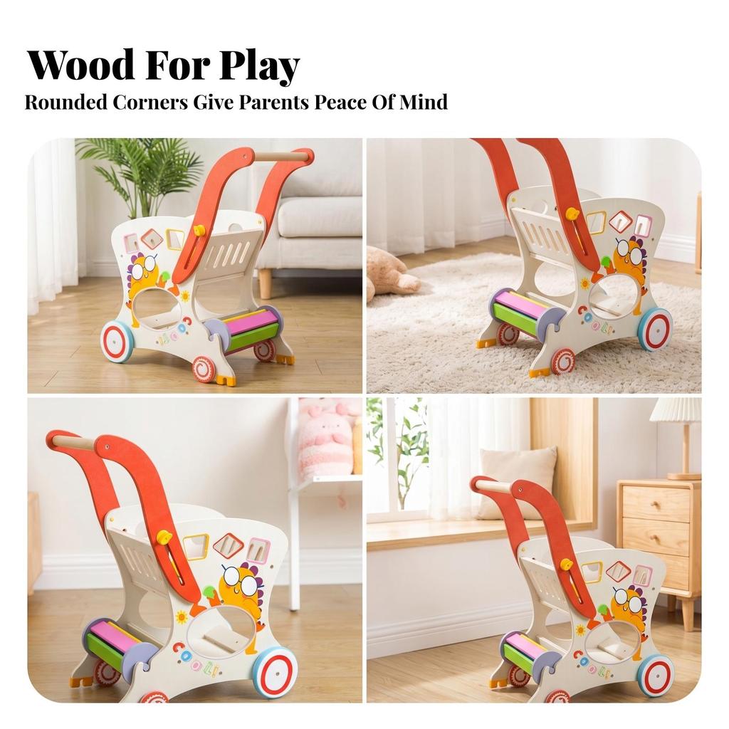 Wooden Infant Pusher Cart Cutout Openings Push Stacking Rings Play for Young
