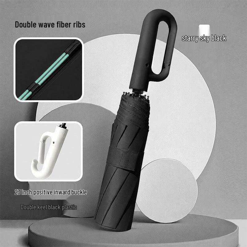 Fully Automatic Black Folding Umbrella - Three-Fold Design with Eight Ribs, Black Glue Coating for Sun and Rain Protection, Portable for Commuting.