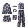 Sieben teiliges gestreiftes Pyjama-Set aus Kunstseide mit langärmeligem Cardigan und Camisole für Frühling und Herbst