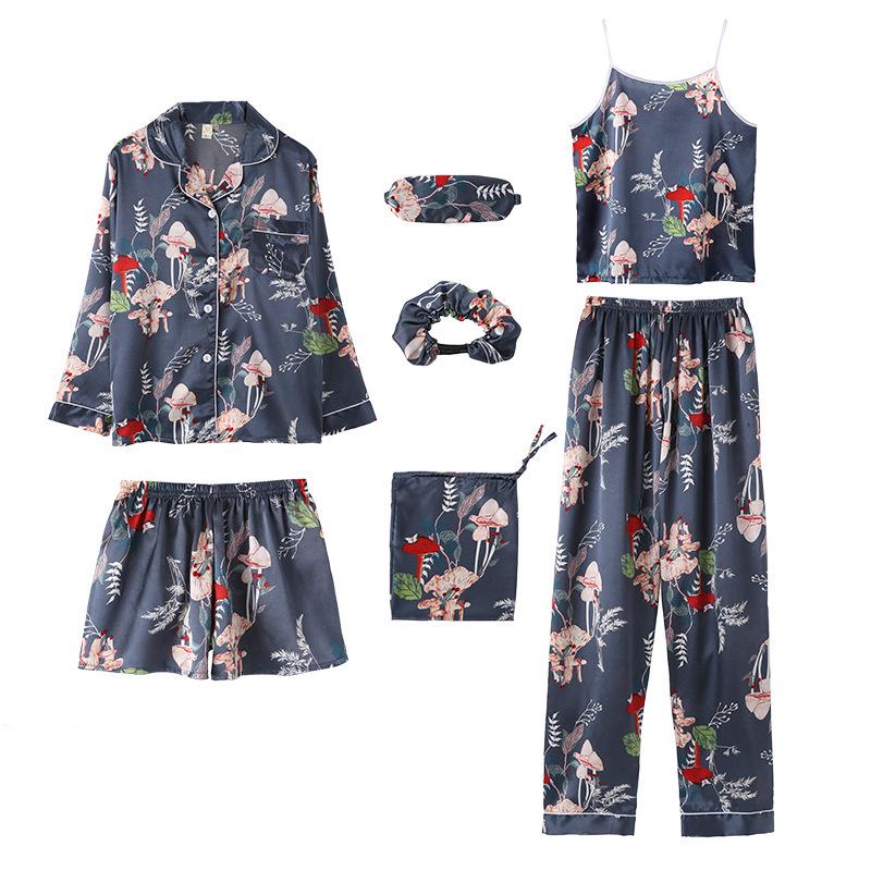 Sieben teiliges gestreiftes Pyjama-Set aus Kunstseide mit langärmeligem Cardigan und Camisole für Frühling und Herbst