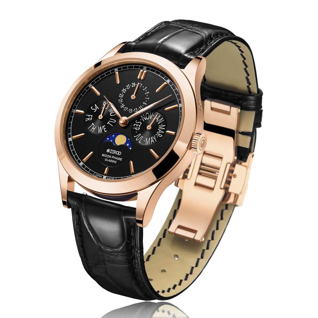 ZEROO CLASSIC Moon Phase Quartz Watch with Sapphire Crystal Gold Men's (ZC001RBK) [Authentic] (Black/Rose Case)