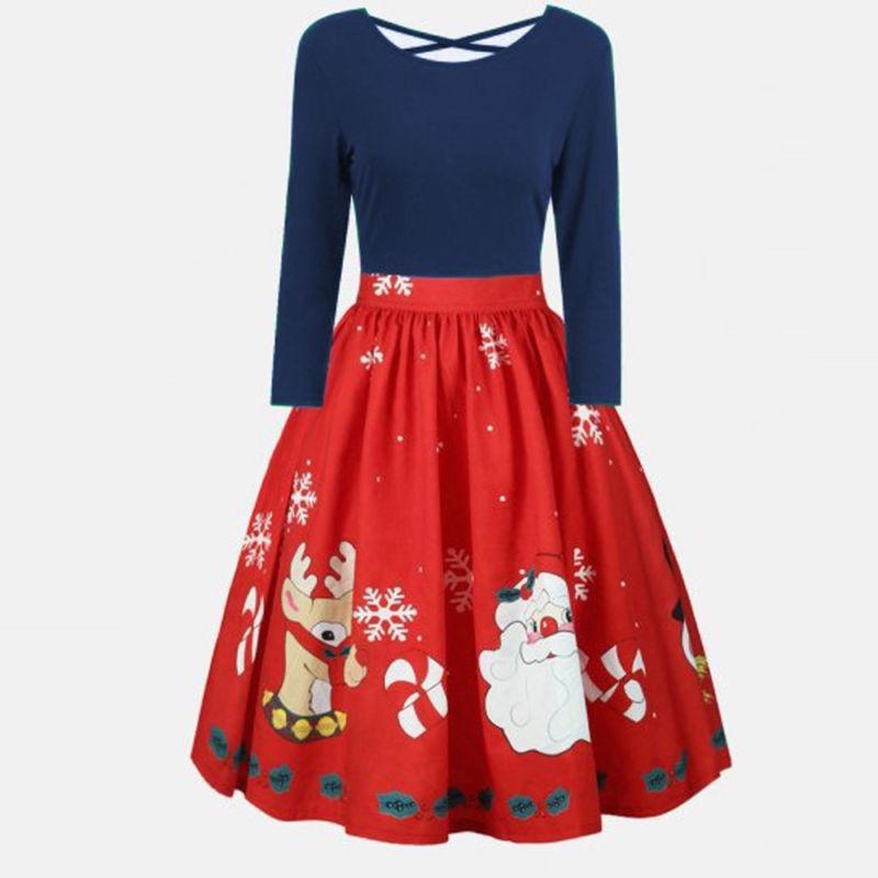 

Модное длинное женское платье с рукавом большого размера с рождественским принтом и перекрестной шнуровкой для вечеринки Tag XL=US M тёмно-синий