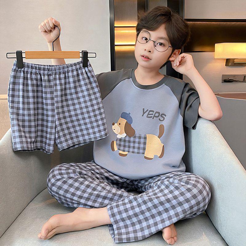Children's Summer Pajama Set: 3-Piece Short-Sleeve Top, Long Pants, Boys' Medium & Large Air Conditioning Suit