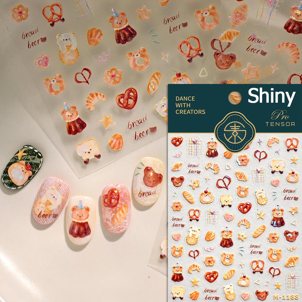 Cartoon Cute Bear Pudding Pretzel Bread Croissant Cookies Shiny 3D Self Adhesive Nail Art Stickers Bakery Lovely Manicure Decals
