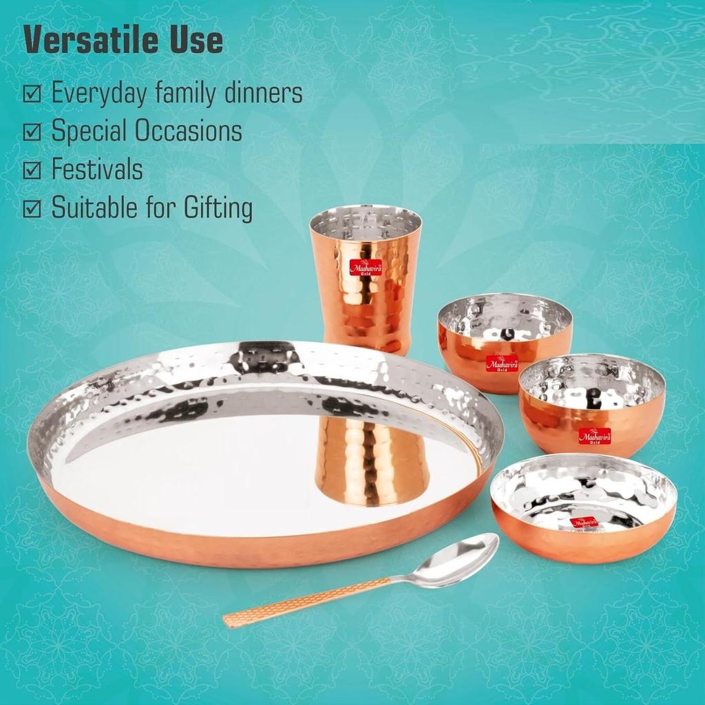 Round Copper Hammered Finish Dinner Sets Used for Home & Restaurant with 1 Thali, 2 Bowls, 1 Sweet Dish, 1 Glass & 1 Spoon-Set of 6
