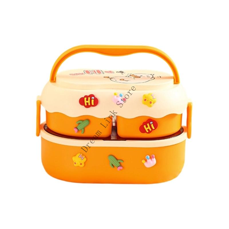Q1FD Thermal Lunch Box 1600ml Double Compartment Microwave Safe Kids School Bentos Box With Carry Handle Plastic