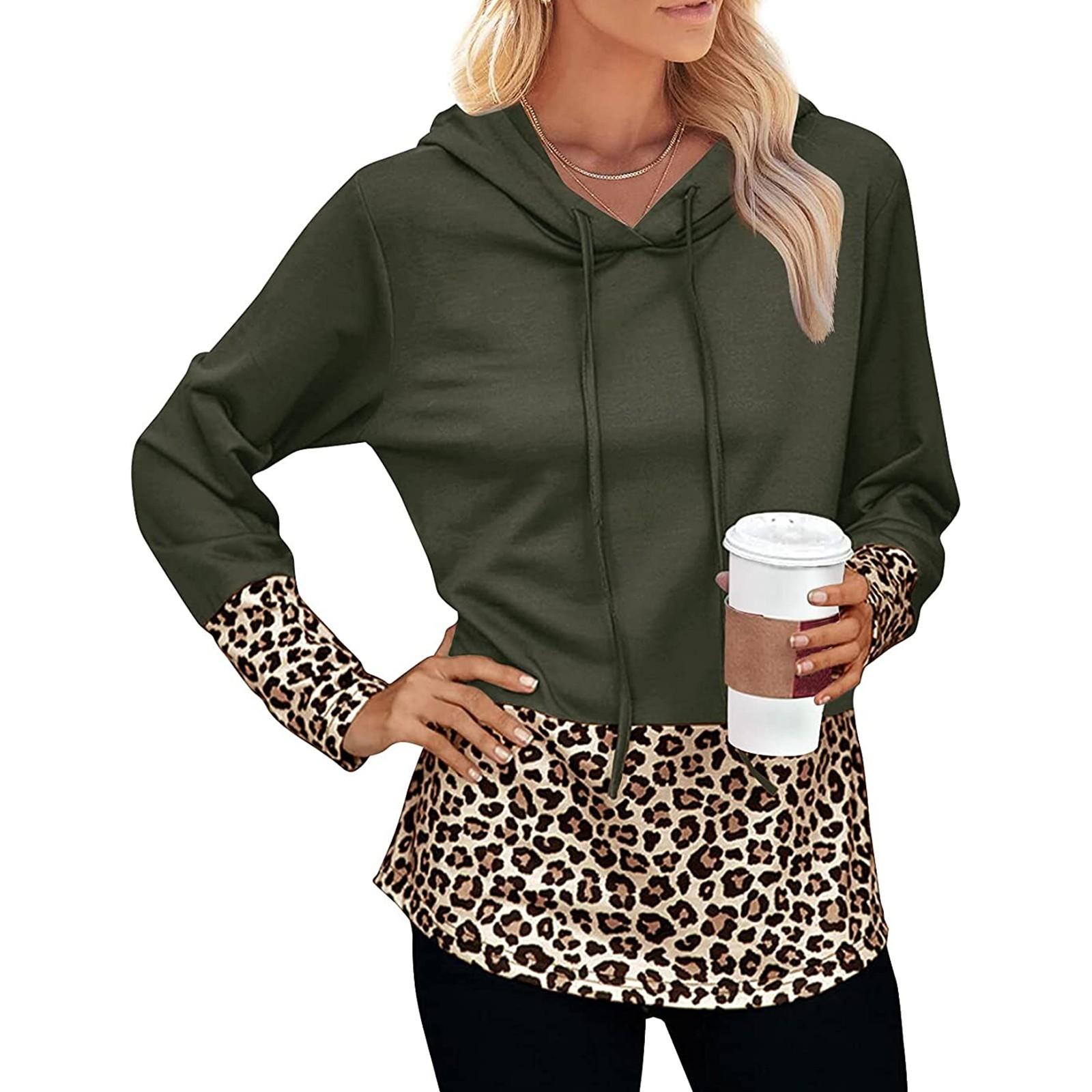 Women s Fashion Hooded Loose Leisure Leopard Print Long Sleeve Splicing Sweater Top S