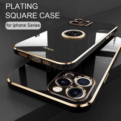 Plating Square Ring Holder Phone Case On For Iphone 11 12 Pro Max 12pro 11pro 8 7 6 S Plus 10 X Xr Luxury Silicone Stand Cover