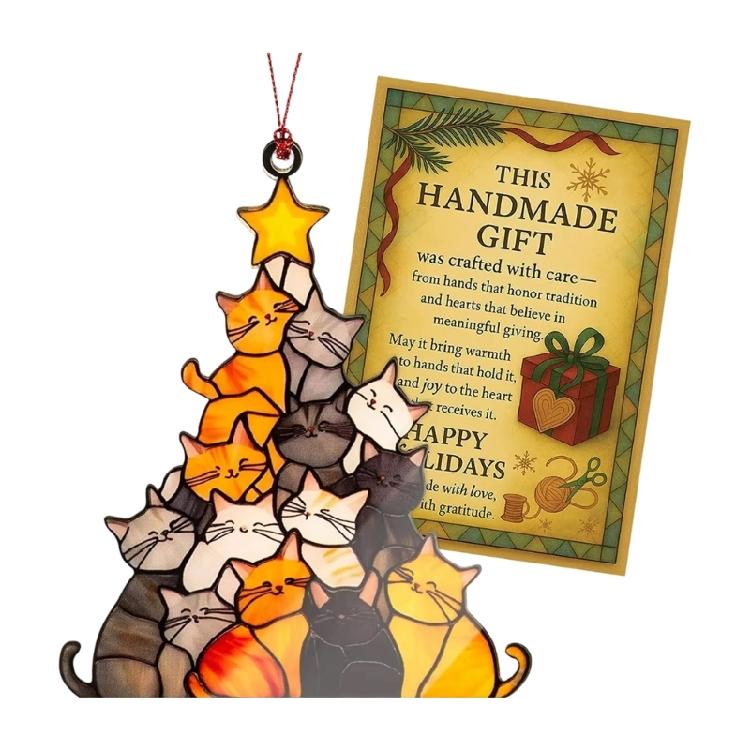 Stained Glass Window Hanging Cats Christmas Tree Suncatchers Colorful Glass Window Panel Hanging Decors for Garden Ornament