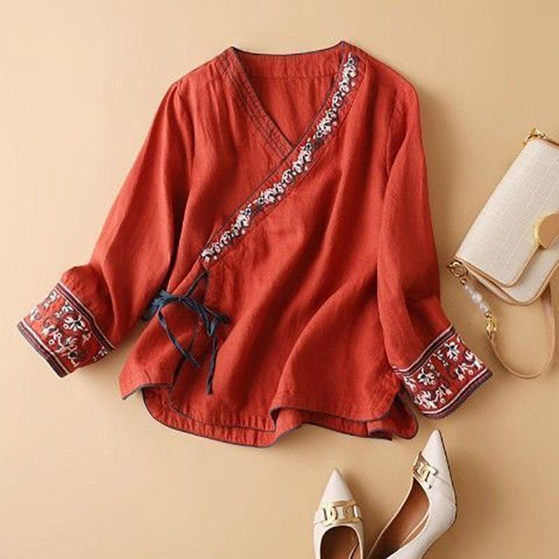 Camicia da Donna Primaverile Stile Cinese alla Moda Ricamo Artistico Vestibilità Larga Scollo a V Abbigliamento alla Moda da Donna