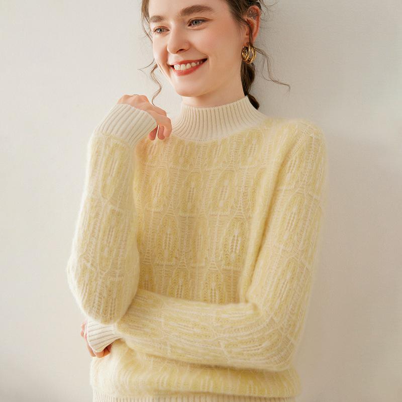 Women's Color Block Cashmere Sweater - Thick, Round Neck, Loose Fit, Jacquard Knit, Autumn/Winter.