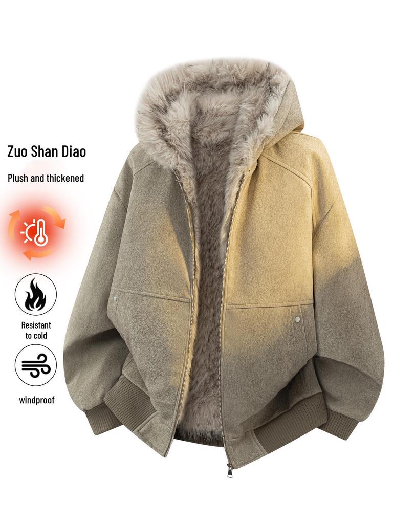 Unisex American Style Mountain Eagle Fur Collar Hooded Winter Coat - Thick Velvet Lined for Warmth and Cold Protection