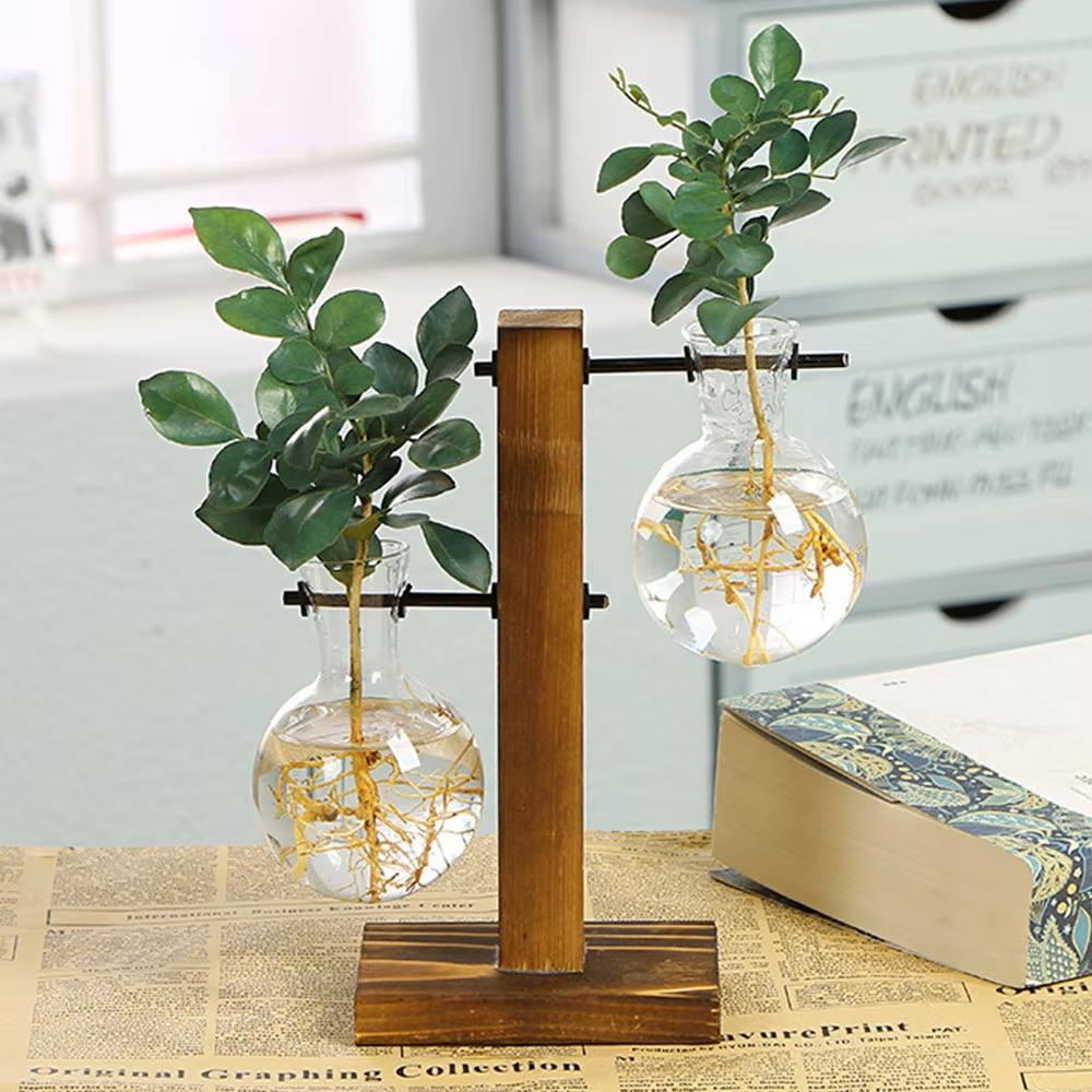 Glass Vase Hydroponic Plant Container Desktop Planter Wooden Vase Stand Bulb Water Planting Propagation Flower Vase Planters
