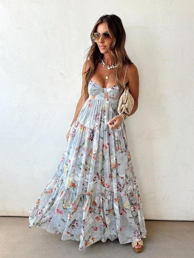 2026 Women's Fashion Printed Spaghetti Strap Sleeveless Backless Dress