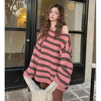 Bovenkleding Lazy Style High-end Gestreepte Dik Gebreide Trui voor Dames Nieuwe Losse Retro Lange Mouwen Trui Top